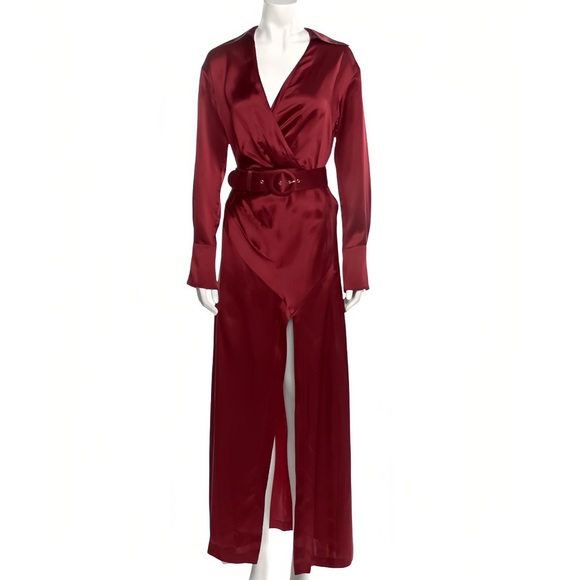 NICHOLAS Dresses & Skirts - Nicholas Silk Wrap Maxi Dress Burgundy Sz 2 100% Silk Pleated Long Sleeve Gown